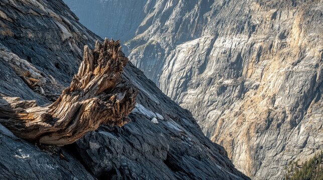 Angular fragments of weathered debris contrast against rugged mountain cliffs under sunlight