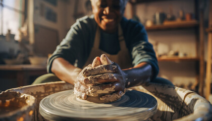 Smiling Senior Woman's Hands Crafting Pottery on Wheel in Workshop