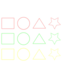 Neon Glowing Geometric Shapes Set – Circle, Square, Triangle and Star Outline in Colorful Light on Transparent Background
