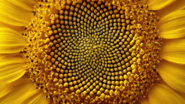 Vibrant close-up of a sunflower, revealing its radiant yellow petals and the intricate, mesmerizing Fibonacci spiral pattern of its central florets.