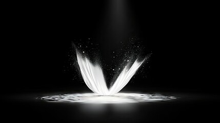 A dynamic splash of white powder erupts upwards from a surface, creating a dramatic, abstract shape against a black background illuminated by a spotlight.