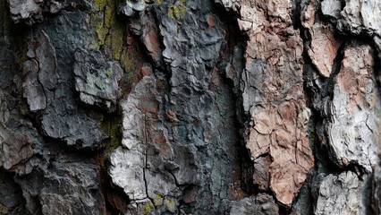 Close-up of weathered tree bark revealing a rugged texture with deep furrows, showcasing shades of grey, brown, and green moss.