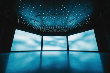 Empty stage with large screens and glowing ceiling in performance hall