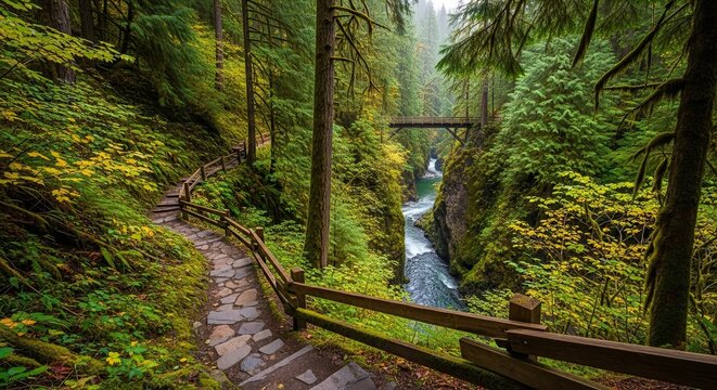 A picturesque stone staircase with a wooden handrail descends into a lush, mossy canyon with a flowing river and a footbridge amidst tall evergreen trees
