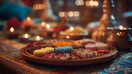 Traditional Indian Sweets and Festive Decor Arranged on a Decorative Tray with Warm Diya Lights
