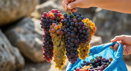 A worker's hands hold up a large cluster of ripe, colorful grapes during the autumn harvest, with a blue collection bag full of fruit in a sunny, rustic setting