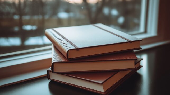 A stack of elegantly bound branded notebooks rests on a surface with a soft blurred background