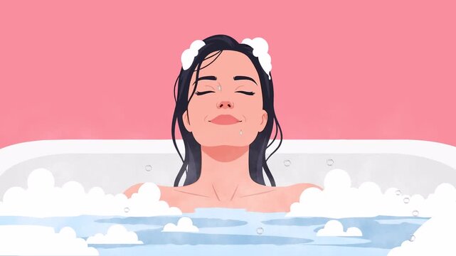 A serene woman with her eyes closed enjoying a relaxing bubble bath in a white tub with a pink background.