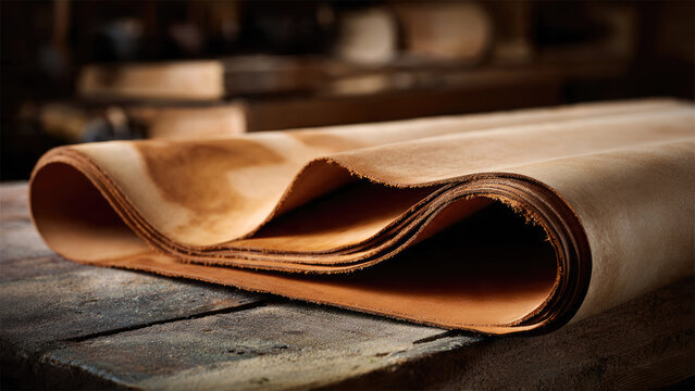 Beautifully textured natural brown leather sheets, partially rolled and stacked on a wooden workbench, ideal for artisan projects.