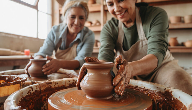 Joyful Senior Women Creating Pottery in a Bright Studio