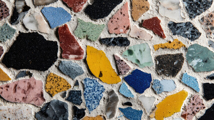 Close-up of a vibrant, textured terrazzo pattern, displaying diverse colorful stone and glass fragments set in a light concrete matrix.