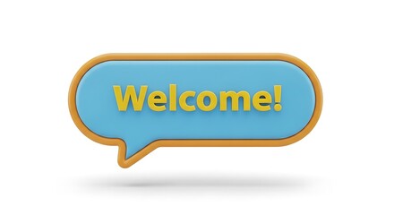 A 3D rendered blue speech bubble with a tan border, displaying the yellow word "Welcome!" on a white background.