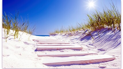A wooden boardwalk ascends through sandy dunes dotted with beach grass, leading towards a serene blue ocean under a clear, sunny sky.