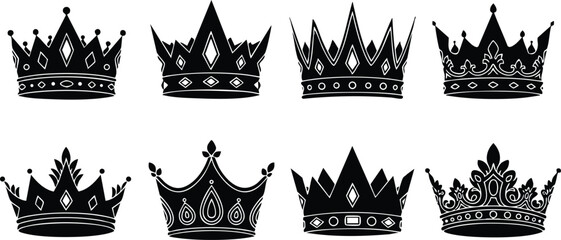 Various crown designs showcasing elegance and royalty in a striking vector illustration format for design projects 