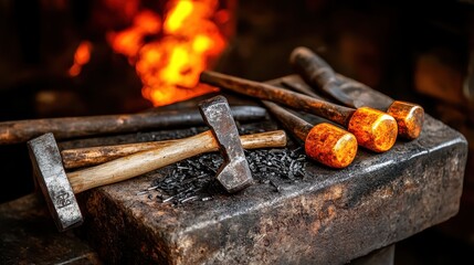 Assortment of handcrafted metalworking tools including hammers and tongs rest on an anvil with a glowing forge fire in the background