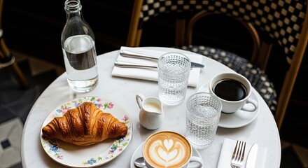 A classic European breakfast with a fresh croissant, cappuccino with latte art, and black coffee elegantly served on a white marble table in a charming bistro
