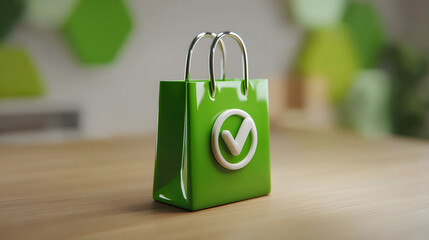 Green shopping bag with checkmark icon for successful purchase