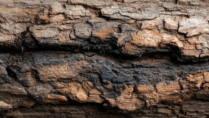 Close-up of rough, weathered tree bark, featuring deep cracks and fissures. Organic textures in natural brown and dark grey tones.