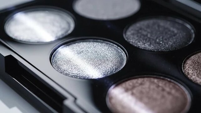 Macro View of Shimmering Eye Shadow Palette with Black Casing Silver White and Copper Shades Reflective Glitter Cosmetics For Beauty Advertisement and Promotion 185