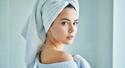 A beautiful young woman with flawless skin and a towel wrapped on her head looks over her shoulder, enjoying a tranquil morning self-care routine in a bright, modern bathroom