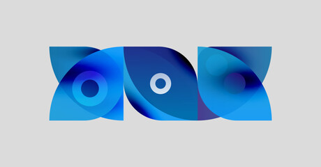 Abstract blue shapes overlap, forming eyelike designs. Gradient colors create depth, set against light gray background.