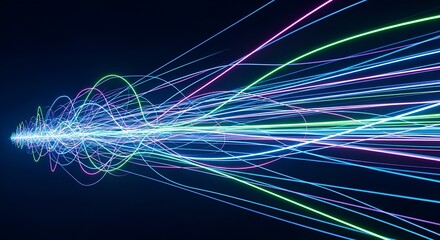 Dynamic light trails create an abstract wave pattern in neon colors on dark background