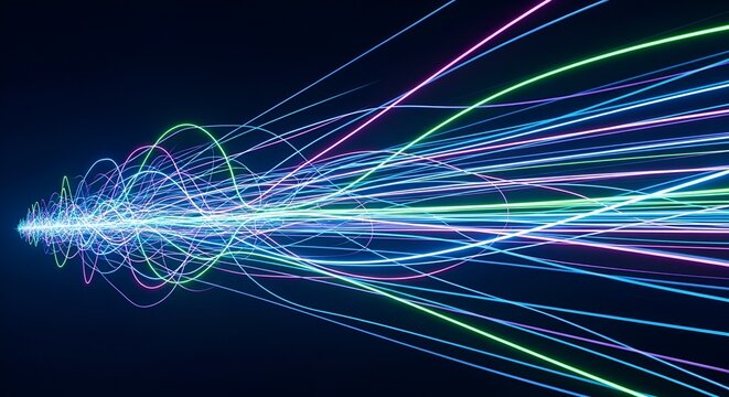 Dynamic light trails create an abstract wave pattern in neon colors on dark background