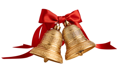 Ornate golden bells with vibrant red ribbon, festive holiday celebration decoration isolated.