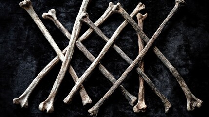 Bundle of sun bleached brittle bone fragments arranged in a cross pattern on a dark surface