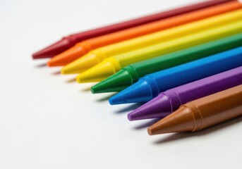 Rainbow colored crayons arranged in a line isolated on off white background