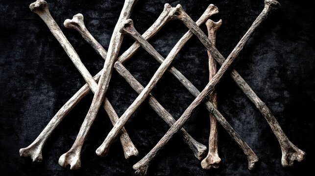 Bundle of sun bleached brittle bone fragments arranged in a cross pattern on a dark surface