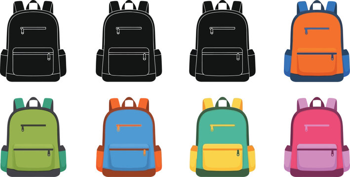 Colorful school backpacks in various designs and shades isolated on a white background