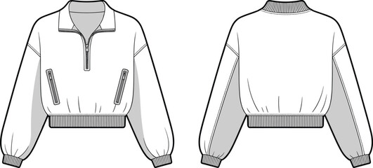 Cropped pullover jacket technical sketch, fashion flat design, front and back view, garment construction details, cad drawing flat vector illustration