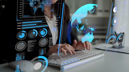 High-tech global network connection interface showing worldwide digital communication, data exchange, and internet connectivity. Global connection, data interaction, and worldwide communication. Thunk