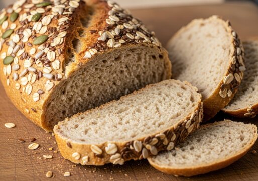 Freshly baked multigrain bread loaf sliced isolated on brown background