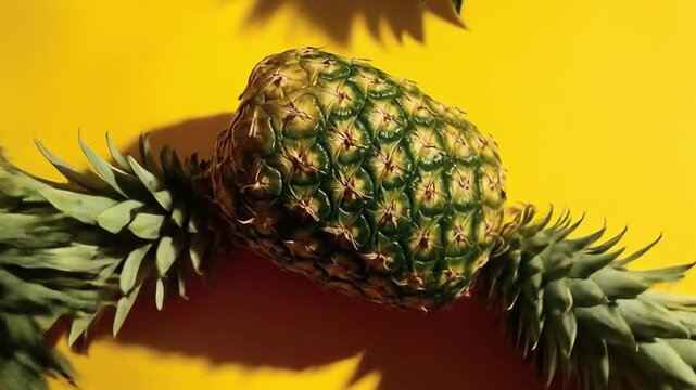 Fresh pineapples on yellow background with green leaves and sunlight