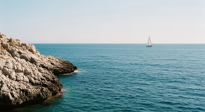 A lone white sailboat glides across the calm blue sea on a sunny day, viewed from a rugged rocky coastline under a clear sky, evoking a sense of peaceful travel and adventure