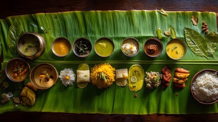 Traditional South Indian Banana Leaf Meal with Assorted Vegetarian Dishes and Authentic Festive Thali Presentation