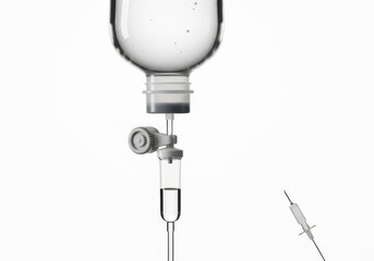 Medical iv drip bag and tubing isolated on off white background