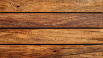 Obraz premium Horizontal wooden slats with a rich brown hue and distinctive grain patterns, forming a natural, textured background or surface.