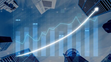 An inspiring financial growth visualization shows upward trends in a bustling cityscape, highlighting the dynamics of modern business and economic success. Copula
