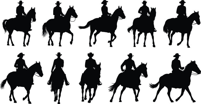 Horse rider silhouette set, cowboy poses, black vector icons, western theme, equestrian motion, ranch lifestyle illustration, dynamic artwork