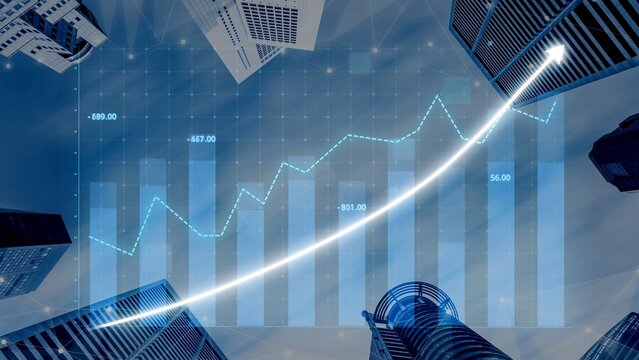 An inspiring financial growth visualization shows upward trends in a bustling cityscape, highlighting the dynamics of modern business and economic success. Copula