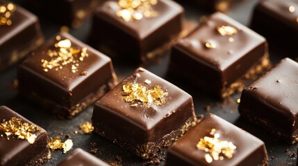 Close up detail of gourmet chocolate desserts with gold leaf