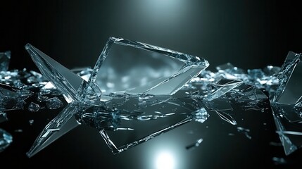 Broken tempered glass shards with a reflection in a dark setting