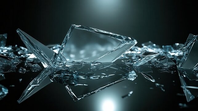 Broken tempered glass shards with a reflection in a dark setting