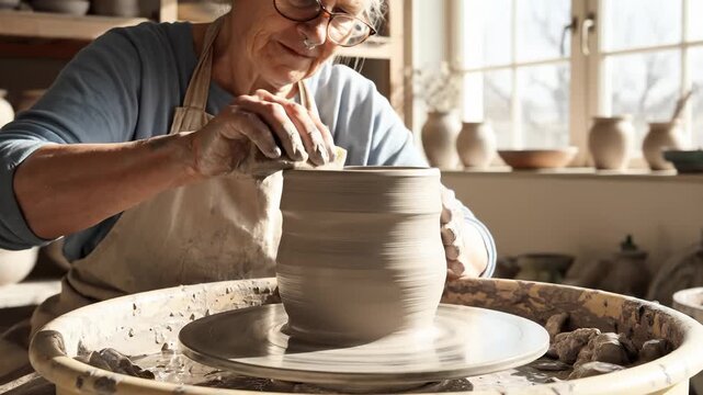 Senior Woman Shaping Clay on Pottery Wheel in Workshop - Powered by Adobe