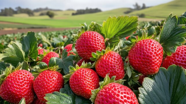 Close up of bright red ripe strawberries growing in a field