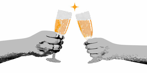 Celebration toast with champagne glasses in a halftone style