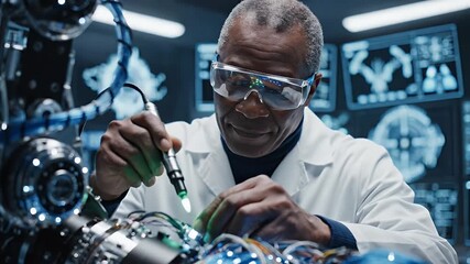 A scientist in a laboratory working with advanced technological equipment and digital displays related to scientific research and innovation - Powered by Adobe